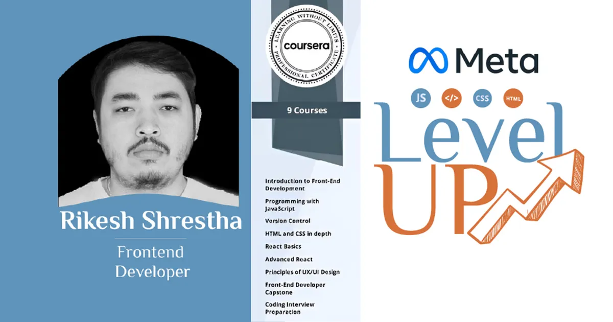 Certificate graphic with a portrait of Rikesh Shrestha, the Coursera seal, the list of nine completed courses and the Meta Level Up logo